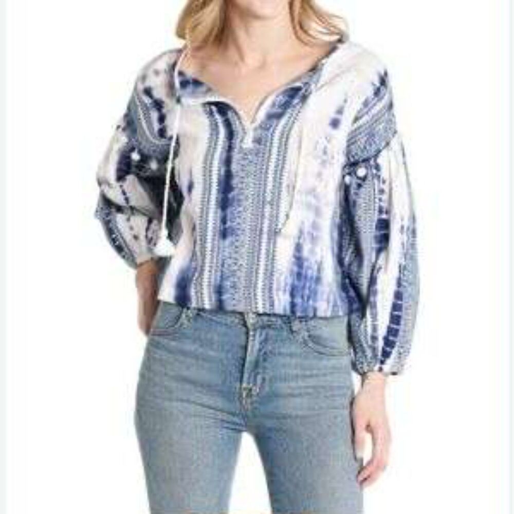 Saylor Dorthea Top Blue Puff Sleeved 100% Cotton Tie Dye Blouse, XS